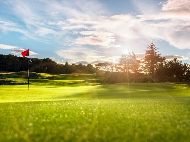 Ein Golfplatz mit wehender Fahne im Sonnenschein