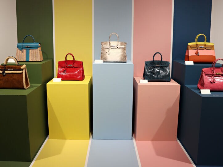Handtaschen ausgestellt auf bunten Podesten
