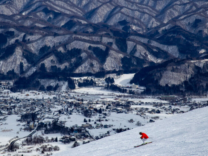 Skifahrer in roter Jacke fährt einen schneebedeckten Hang hinab mit Blick auf ein verschneites Dorf und bewaldete Berge im Hintergrund