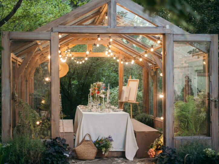 Holz-Gewächshaus mit Glaselementen, innen gedeckter Tisch mit Blumen und Kerzen, Lichterkette am Dach, umgeben von Gartenpflanzen