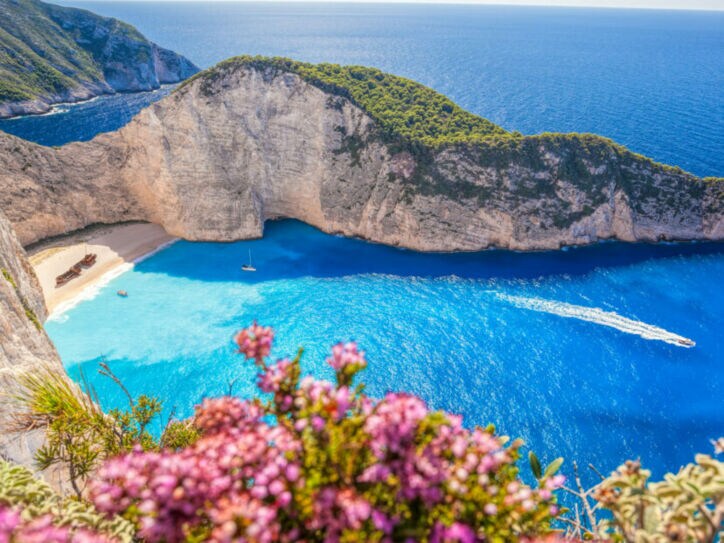 Bucht mit weißem Sandstrand und gestrandeten Schiffsrumpf, umgeben von steilen Klippen und blauem Meer, violette Blumen im Vordergrund