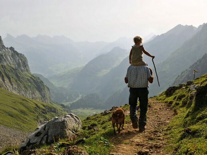 Ein Erwachsener trägt ein Kind auf den Schultern, während sie einen Wanderweg entlanggehen. Ein Hund läuft neben ihnen. Die Landschaft zeigt Berge und Täler im Hintergrund.