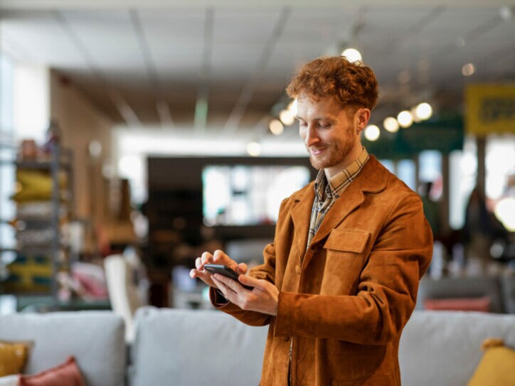 Ein junger Mann steht in einem Möbelgeschäft und schaut lächelnd auf das Smartphone in seiner Hand.