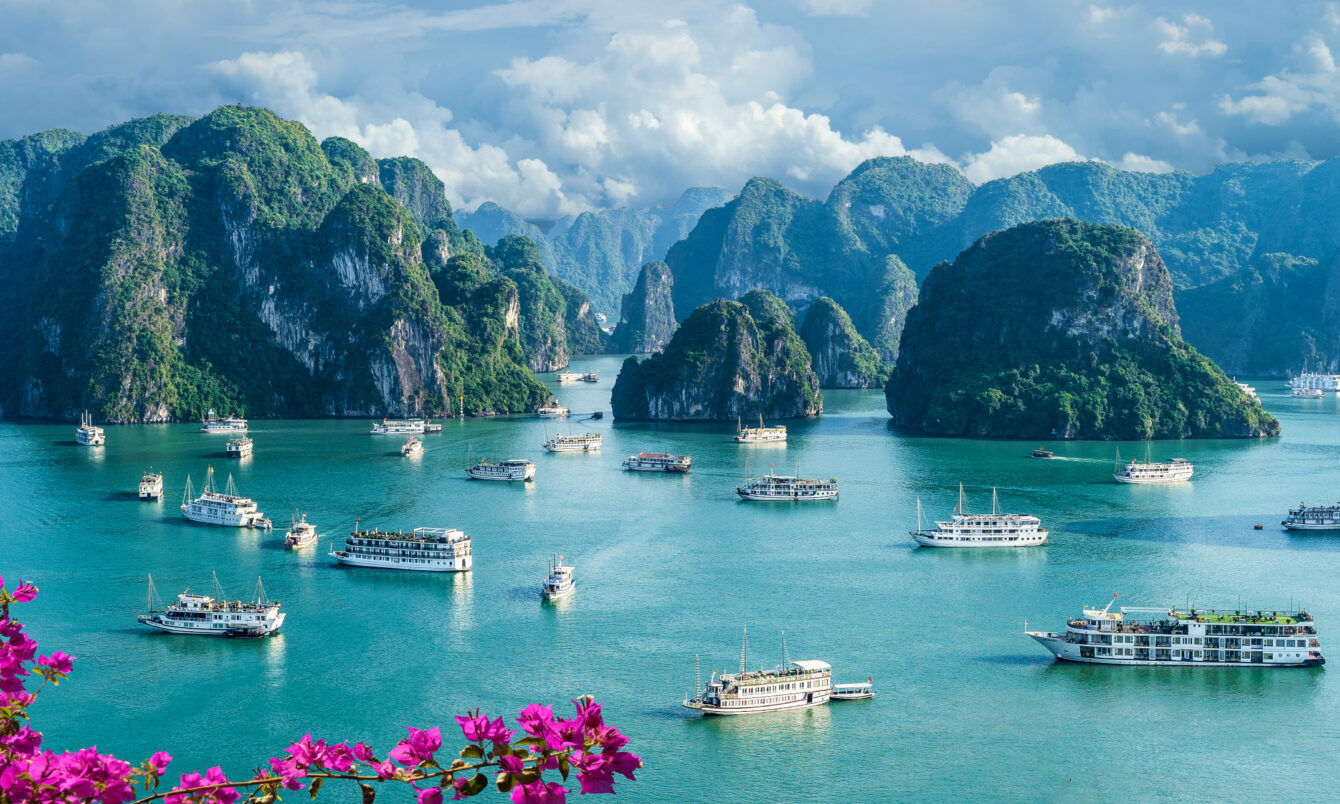 Panorama des Weltwunders der Natur Halong-Bucht mit zahlreichen Booten