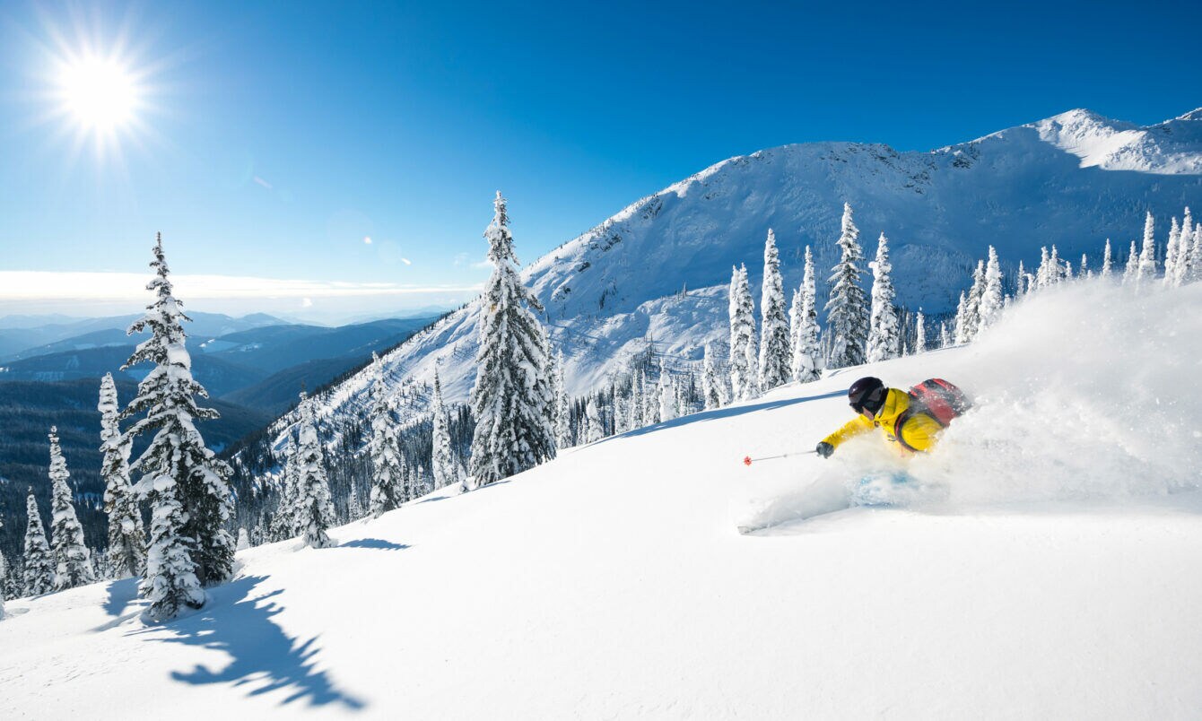 Ein Skifahrer fährt im Tiefschnee einen Hang mit Tannen hinunter vor verschneitem Bergpanorama unter blauem Himmel bei Sonnenschein.