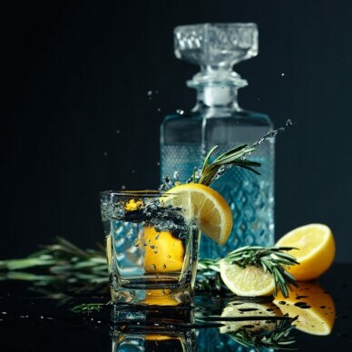 Ein Glas mit Gin Tonic, garniert mit Zitrone und Rosmarinzweigen.