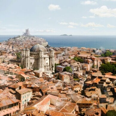 Panorama der mittelalterlichen Stadt Königsmund am Meer, Szenenbild der TV-Serie Game of Thrones