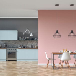 Eine Küche und ein Essbereich mit unterschiedlichen Wandfarben
