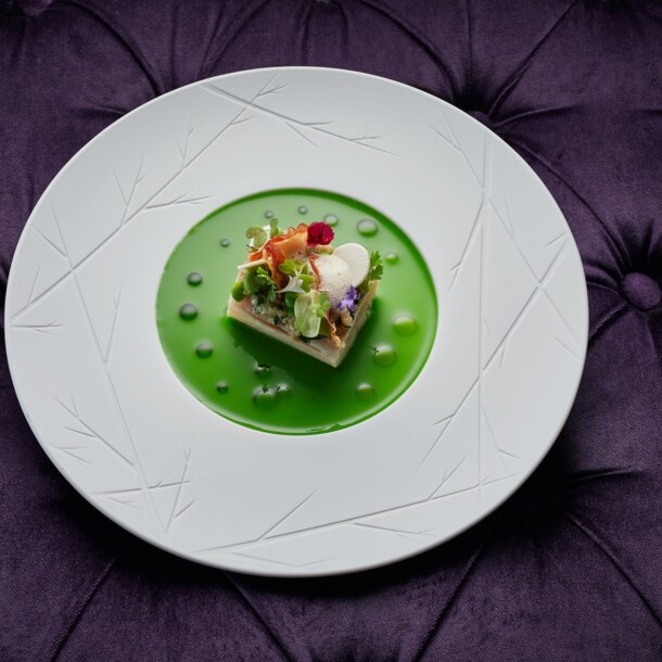 Ein weißer Teller mit einem kunstvoll dekorierten Stück Forelle auf einem edlen lila Samt-Untergrund