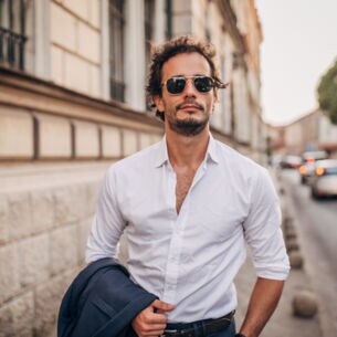 Ein junger Mann mit Hemd und Sonnenbrille läuft die Straße entlang
