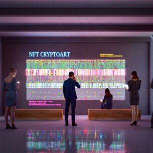 Mehrere Menschen mit digitalen Geräten in den Händen in einem Ausstellungsraum mit digitaler Kunst als Wandprojektion, digitales Rendering
