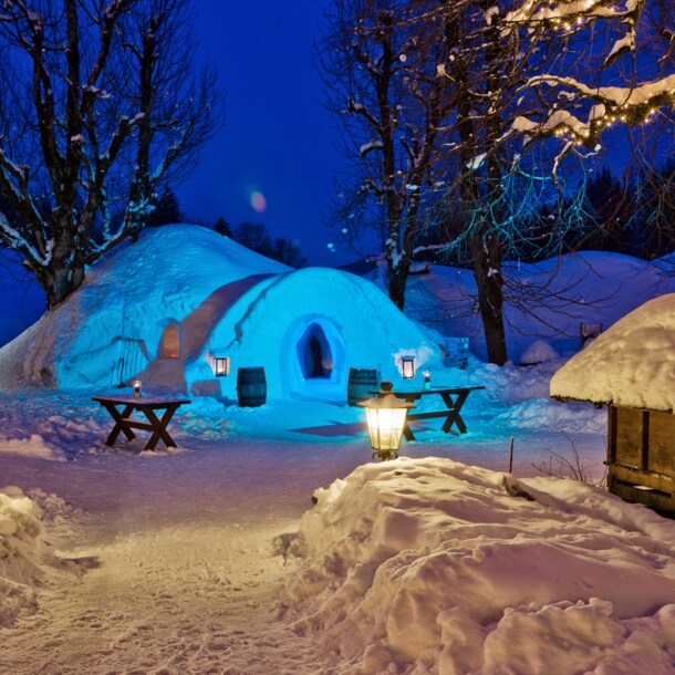 Ein Iglu in einer schneebedeckten Umgebung, daneben Tische und Bäume