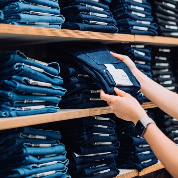 Zwei Hände greifen eine blaue Jeanshose aus einem Regal mit gestapelten Jeanshosen in einem Geschäft