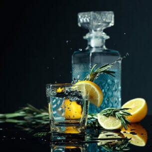 Ein Glas mit Gin Tonic, garniert mit Zitrone und Rosmarinzweigen.