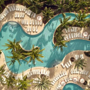 Blick von oben auf einen Pool in ungewöhnlicher Form mit Palmen und Liegen