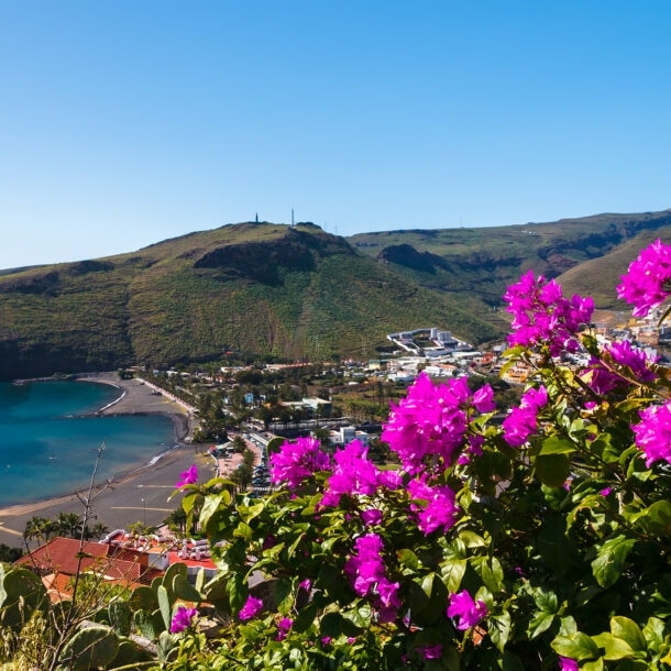 Blick auf die Bucht von Playa de Santiago mit pinken Blumen im Vordergrund