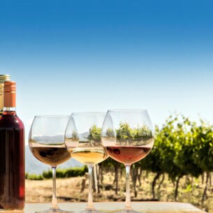 Drei gefüllte Weingläser stehen vor einem Feld mit Weinreben