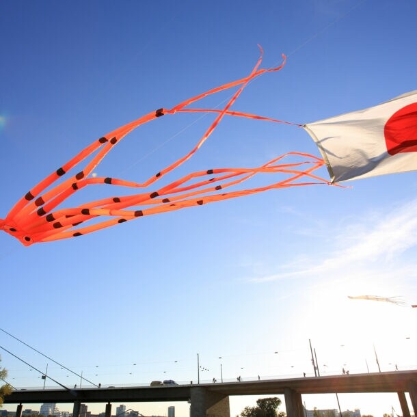 Ein Drache in Oktopusform und eine Japanflagge flattern über dem Rhein in der Luft