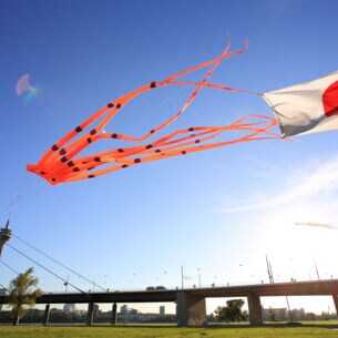Ein Drache in Oktopusform und eine Japanflagge flattern über dem Rhein in der Luft