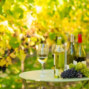 Ein Tisch mit Trauben, Flaschen und Gläsern inmitten eines Weinberges