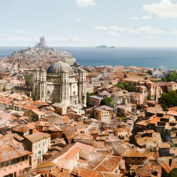 Panorama der mittelalterlichen Stadt Königsmund am Meer, Szenenbild der TV-Serie Game of Thrones