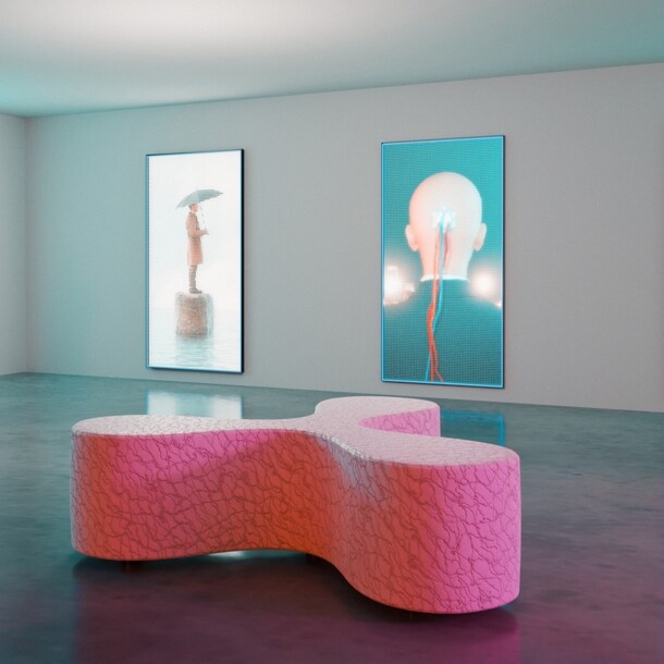 3D-Rendering eines modernen Ausstellungsraums mit digitalen Kunstwerken an den Wänden