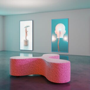 3D-Rendering eines modernen Ausstellungsraums mit digitalen Kunstwerken an den Wänden