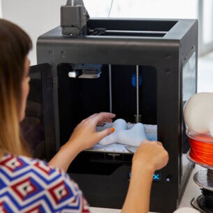 Rückansicht einer Frau, die ein kleines 3D-Objekt aus Kunststoff aus einem 3D-Drucker holt
