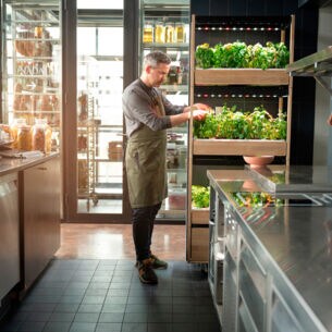 Ein Mann steht in einer Gastronomieküche an einem Indoor-Kräutergarten