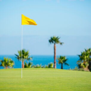 Ein Golfplatz mit Blick auf das Meer, im Hintergrund Palmen, in der Mitte eine gelbe Flagge an einem Loch