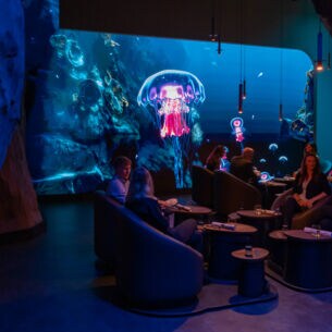 Menschen auf Sesseln in einem dunklen Raum, im Hintergrund Darstellung einer Unterwasserwelt mit leuchtenden Quallen