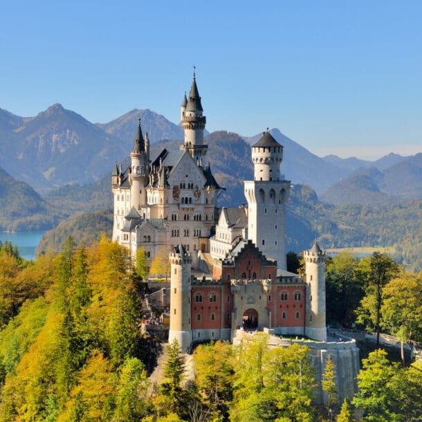 Schloss Neuschwanstein, eingebettet in bewaldete Berglandschaft