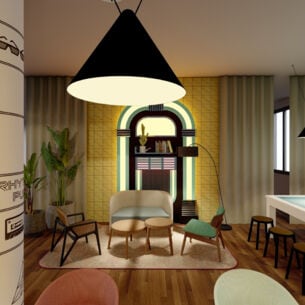 Ein moderner Aufenthaltsraum des Avani Frankfurt City Hotels mit verschiedenen bunten Stühlen, einem weißen Pool-Table und einer leuchtenden Jukebox-Dekoration.