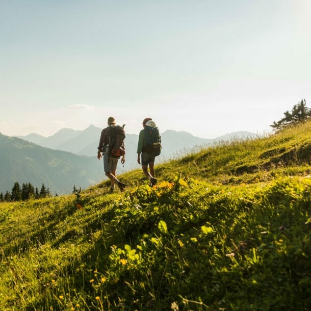 Rückenansicht von zwei Personen, die über eine Bergwiese in Österreich wandern.