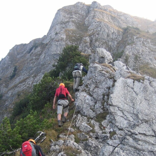 Drei Personen in Kletterausrüstung an einem Felsen an einem der Tegelberger Klettersteige.