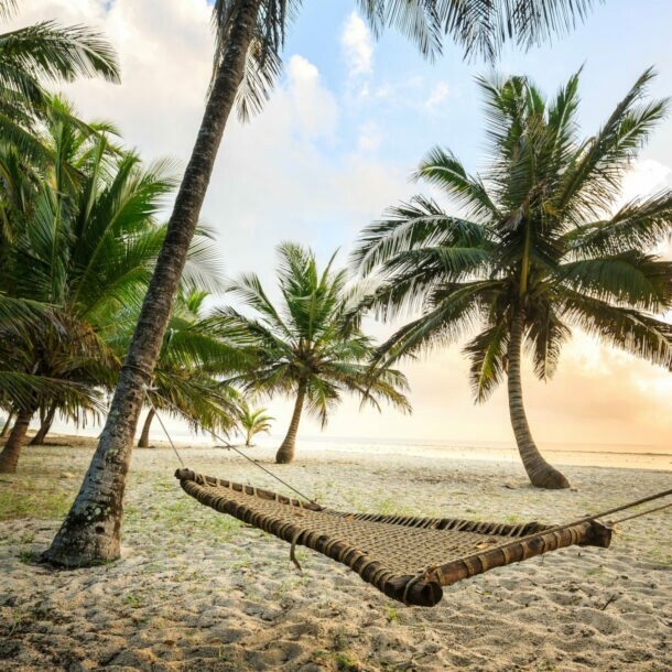 Hängematte aus Seilen zwischen Palmen an einem Sandstrand bei Sonnenaufgang