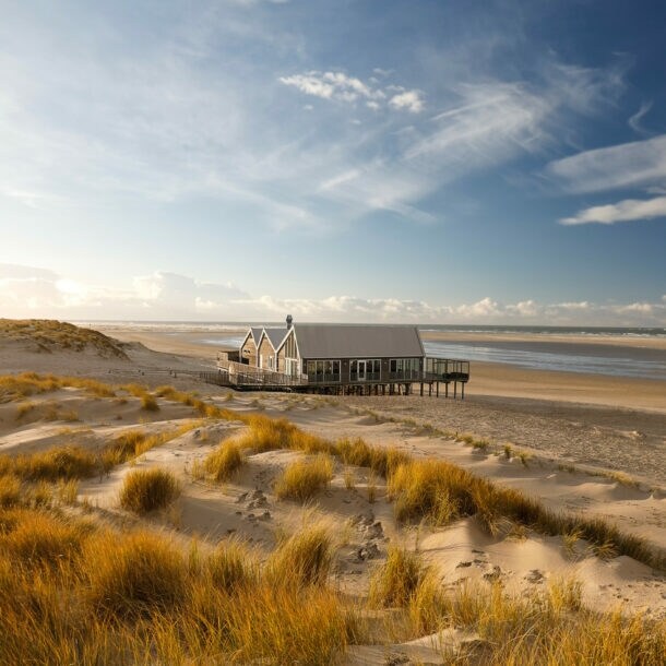 Haus auf Stelzen am Strand mit Dünen und weiter Meeresküste unter blauem Himmel.