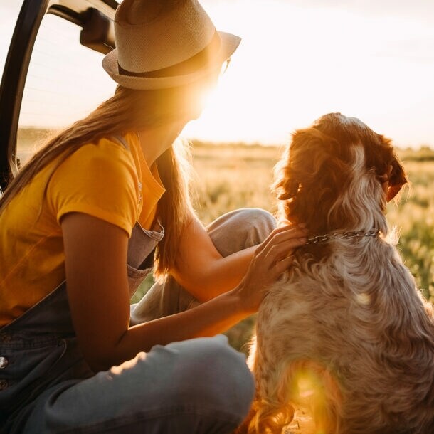 Frau mit Hut und Hund sitzen im geöffneten Kofferraum eines Autos und schauen auf ein sonniges Feld.