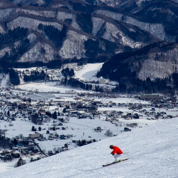 Skifahrer in roter Jacke fährt einen schneebedeckten Hang hinab mit Blick auf ein verschneites Dorf und bewaldete Berge im Hintergrund