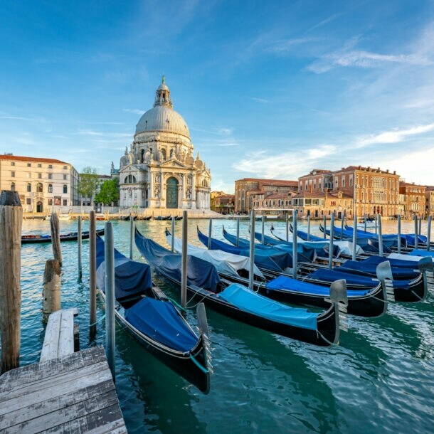 Venezianische Gondeln vor der Basilika Santa Maria della Salute am Canale Grande im Stadtteil Dorsoduro.