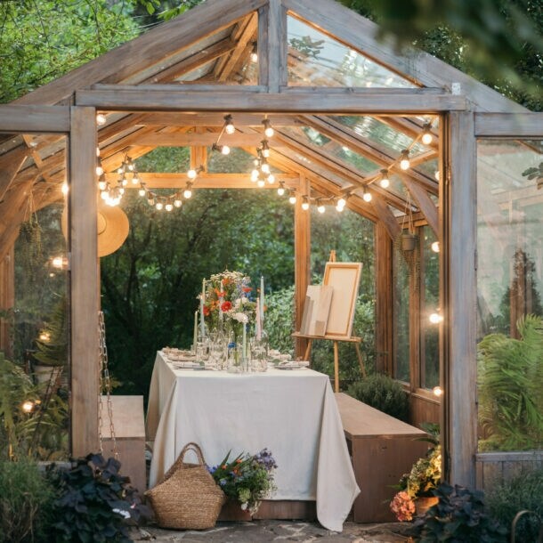 Holz-Gewächshaus mit Glaselementen, innen gedeckter Tisch mit Blumen und Kerzen, Lichterkette am Dach, umgeben von Gartenpflanzen