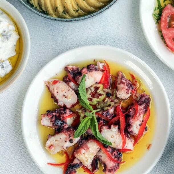 Verschiedene mediterrane Vorspeisen auf Tellern, darunter gegrillter Oktopus mit roten Paprikastreifen, Artischocken mit Tomatenscheiben und Kräutern, Gurkensalat und weitere Dips.