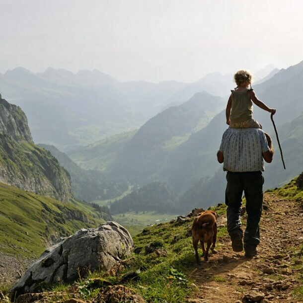 Ein Erwachsener trägt ein Kind auf den Schultern, während sie einen Wanderweg entlanggehen. Ein Hund läuft neben ihnen. Die Landschaft zeigt Berge und Täler im Hintergrund.