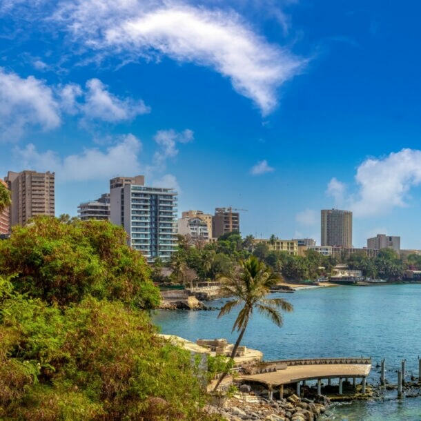 Begrünte Waterfront mit Palmen einer Stadt mit Hochhäusern am Meer.