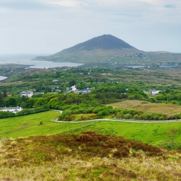 Heide- und Wiesenlandschaft, durch die sich ein steiniger Weg mit wandernden Personen darauf schlängelt, im Hintergrund ein Berg und Wasser.