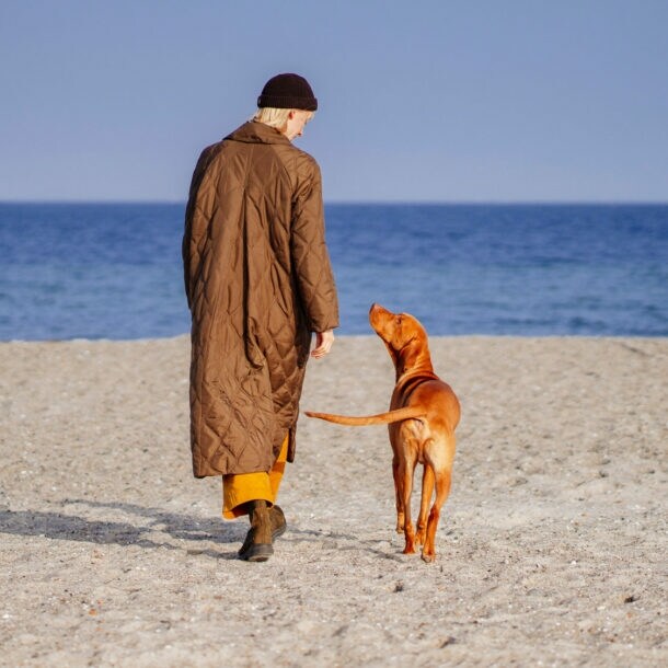 Rückansicht einer Frau im langen Steppmantel neben einem Hund am Sandstrand bei Sonnenschein.