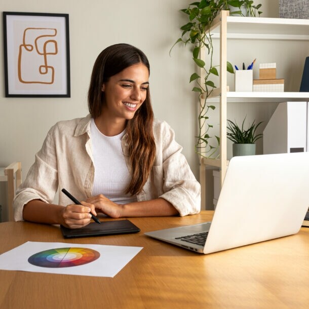 Eine lächelnde Frau arbeitet mit einem Grafiktablett an einem Laptop an einem Schreibtisch in einem Arbeitszimmer.