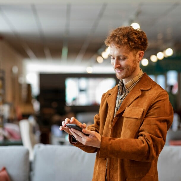Ein junger Mann steht in einem Möbelgeschäft und schaut lächelnd auf das Smartphone in seiner Hand.