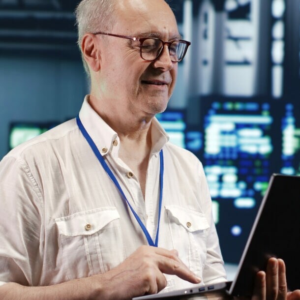 Ein Mann mit Brille ist in einem Rechenzentrum und schaut auf einen Laptop.