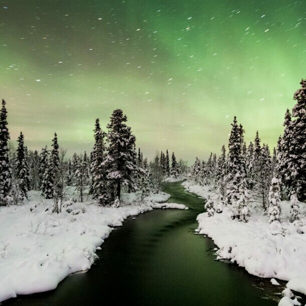 Schneebedeckter Fluss fließt durch einen Wald mit Tannen unter grünem Nordlicht am Himmel in Schweden.
